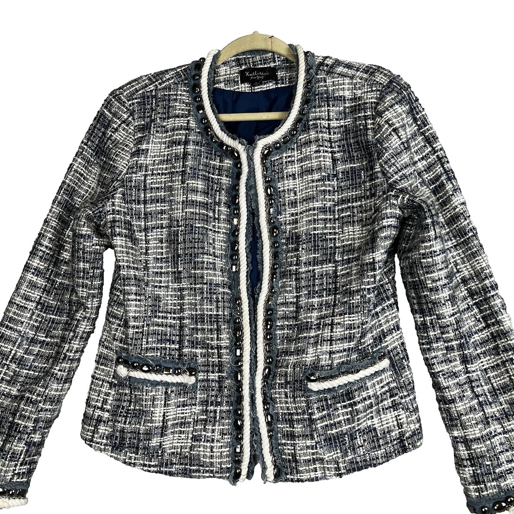 Katherine Women Jacket New York Navy Tweed Braided Hem Large